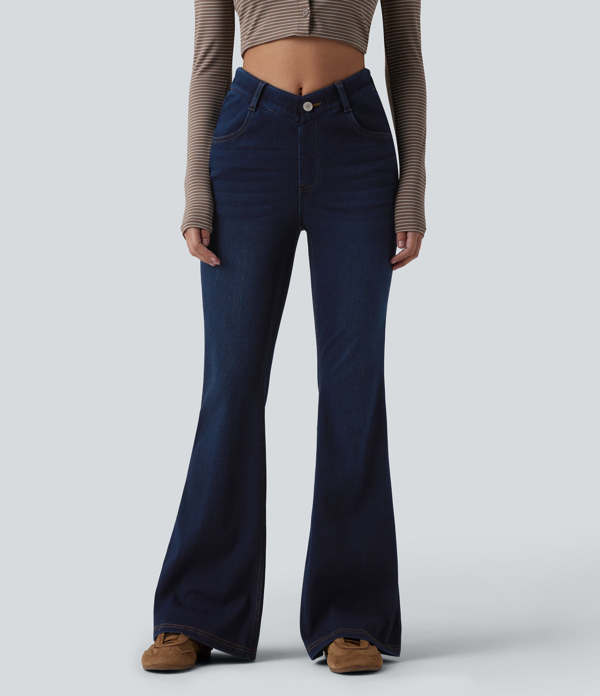 V-Shaped High Waisted Casual Flare Jeans with Pockets — Pageant Blue Denim — view 3