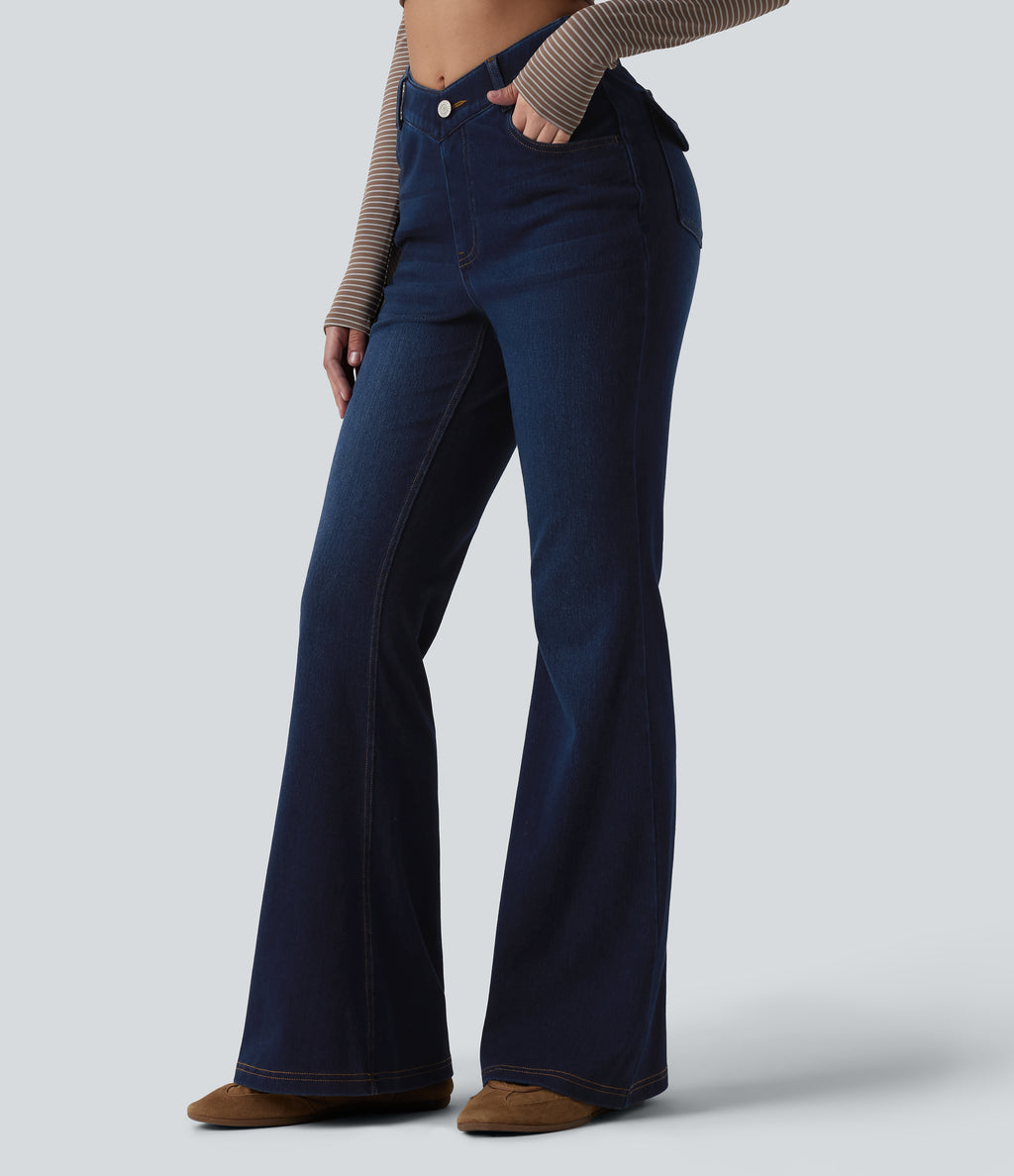 V-Shaped High Waisted Casual Flare Jeans with Pockets — Pageant Blue Denim — view 2