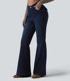 V-Shaped High Waisted Casual Flare Jeans with Pockets — Pageant Blue Denim — view 2