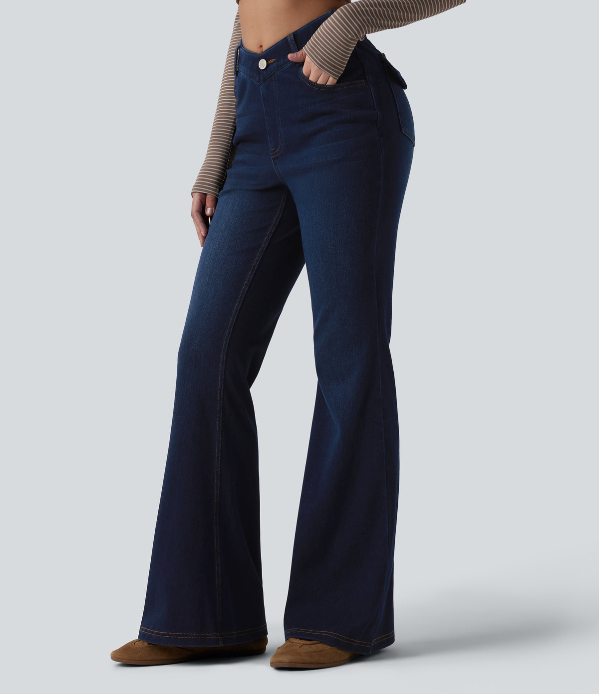 V-Shaped High Waisted Casual Flare Jeans with Pockets — Pageant Blue Denim — view 2