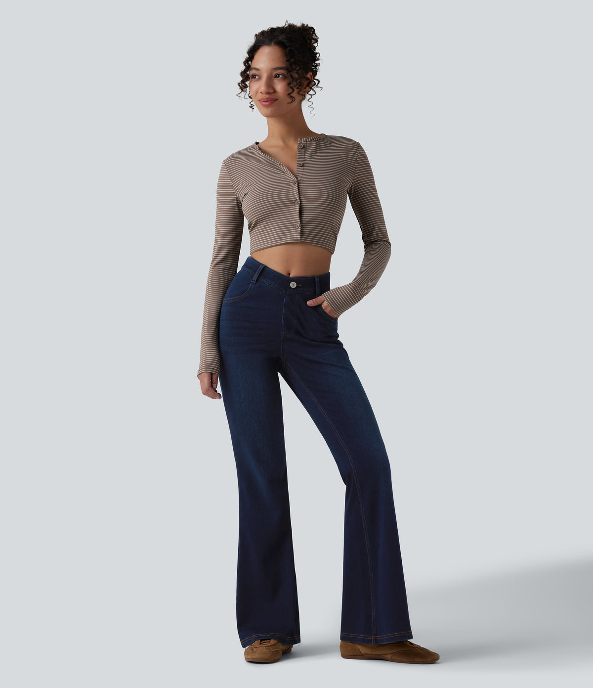 V-Shaped High Waisted Casual Flare Jeans with Pockets — Pageant Blue Denim — view 6