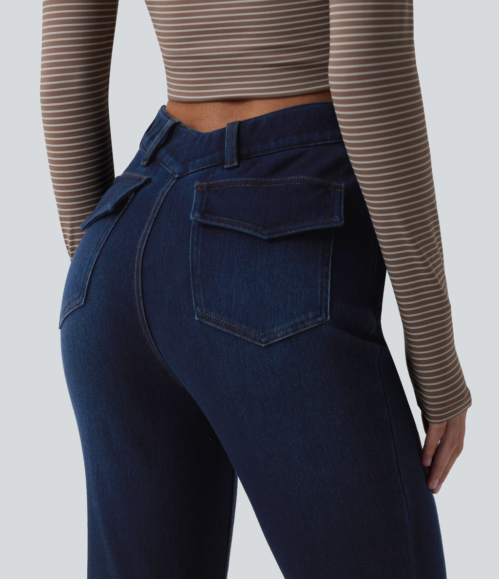 V-Shaped High Waisted Casual Flare Jeans with Pockets — Pageant Blue Denim — view 4
