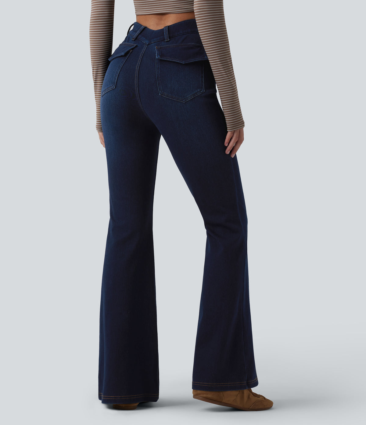 V-Shaped High Waisted Casual Flare Jeans with Pockets — Pageant Blue Denim — view 1