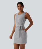 Round Neck Sleeveless Belted Bodycon Stripe Mini Casual Dress with Pockets — Mist Grey Stripe — view 1