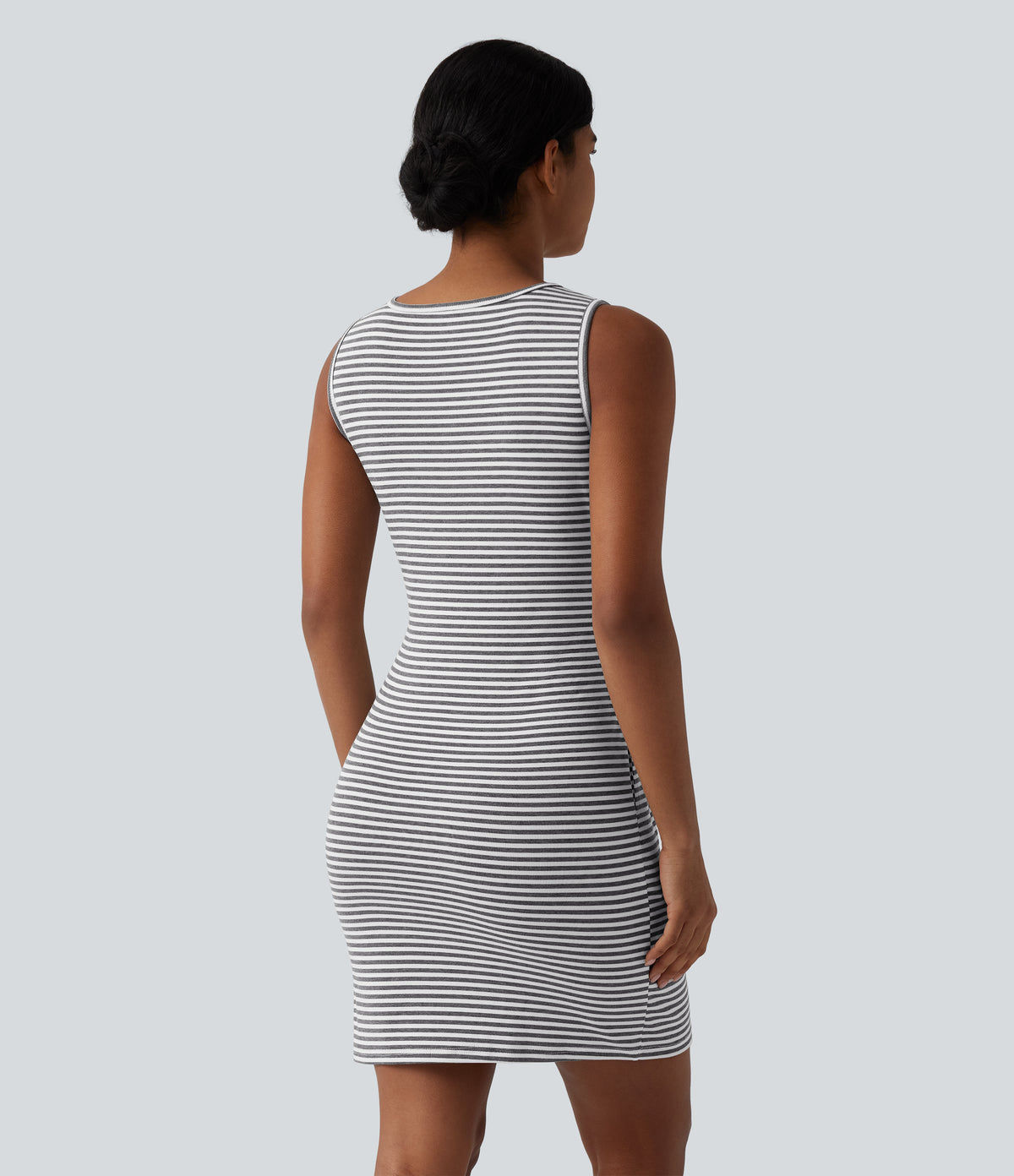 Round Neck Sleeveless Belted Bodycon Stripe Mini Casual Dress with Pockets — Mist Grey Stripe — view 2