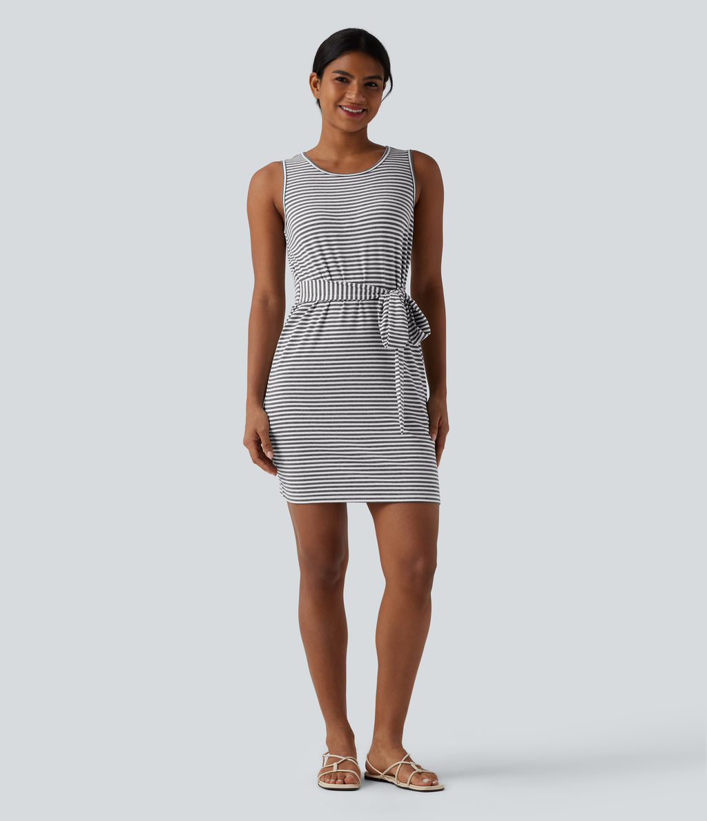 Round Neck Sleeveless Belted Bodycon Stripe Mini Casual Dress with Pockets — Mist Grey Stripe — view 5