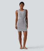 Round Neck Sleeveless Belted Bodycon Stripe Mini Casual Dress with Pockets — Mist Grey Stripe — view 5