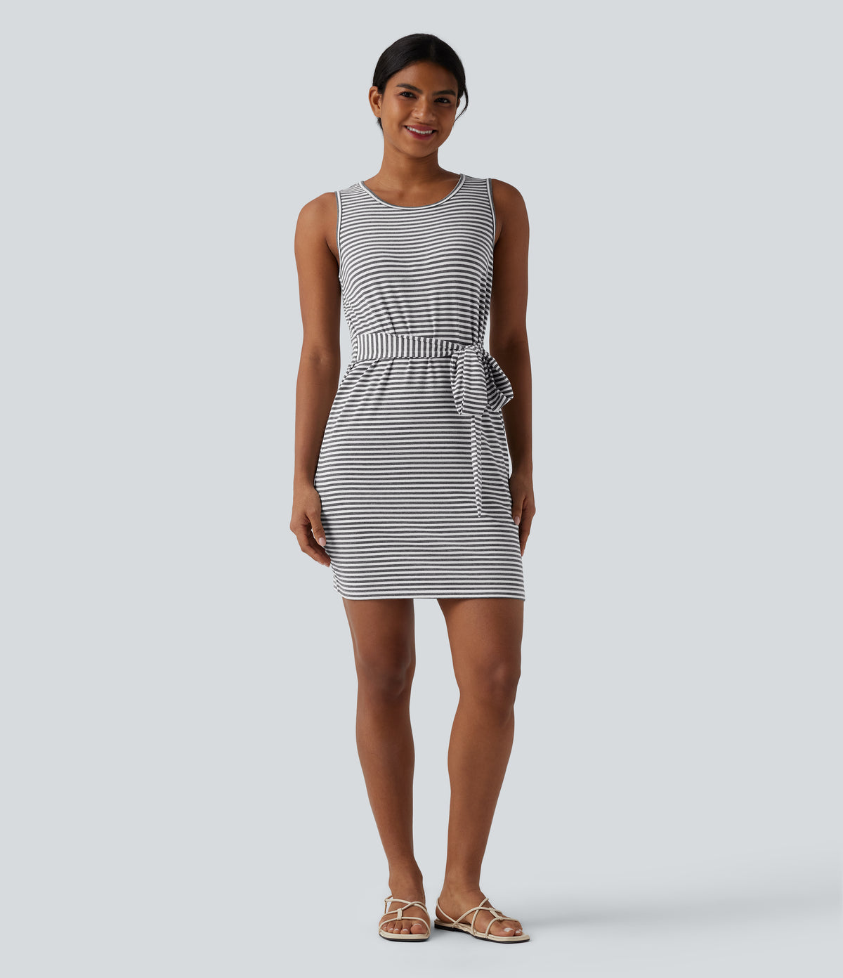 Round Neck Sleeveless Belted Bodycon Stripe Mini Casual Dress with Pockets — Mist Grey Stripe — view 5