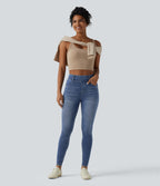 High Waisted Casual Denim Leggings with Pockets — Tide Blue Denim — view 6