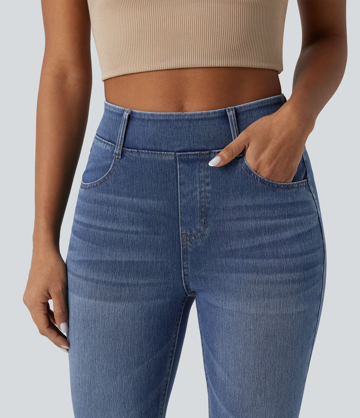 High Waisted Casual Denim Leggings with Pockets — Tide Blue Denim — view 4