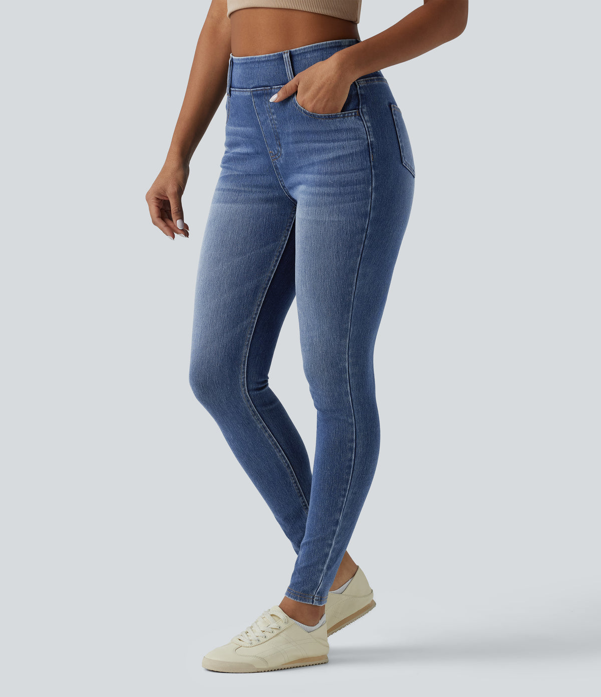 High Waisted Casual Denim Leggings with Pockets — Tide Blue Denim — view 1