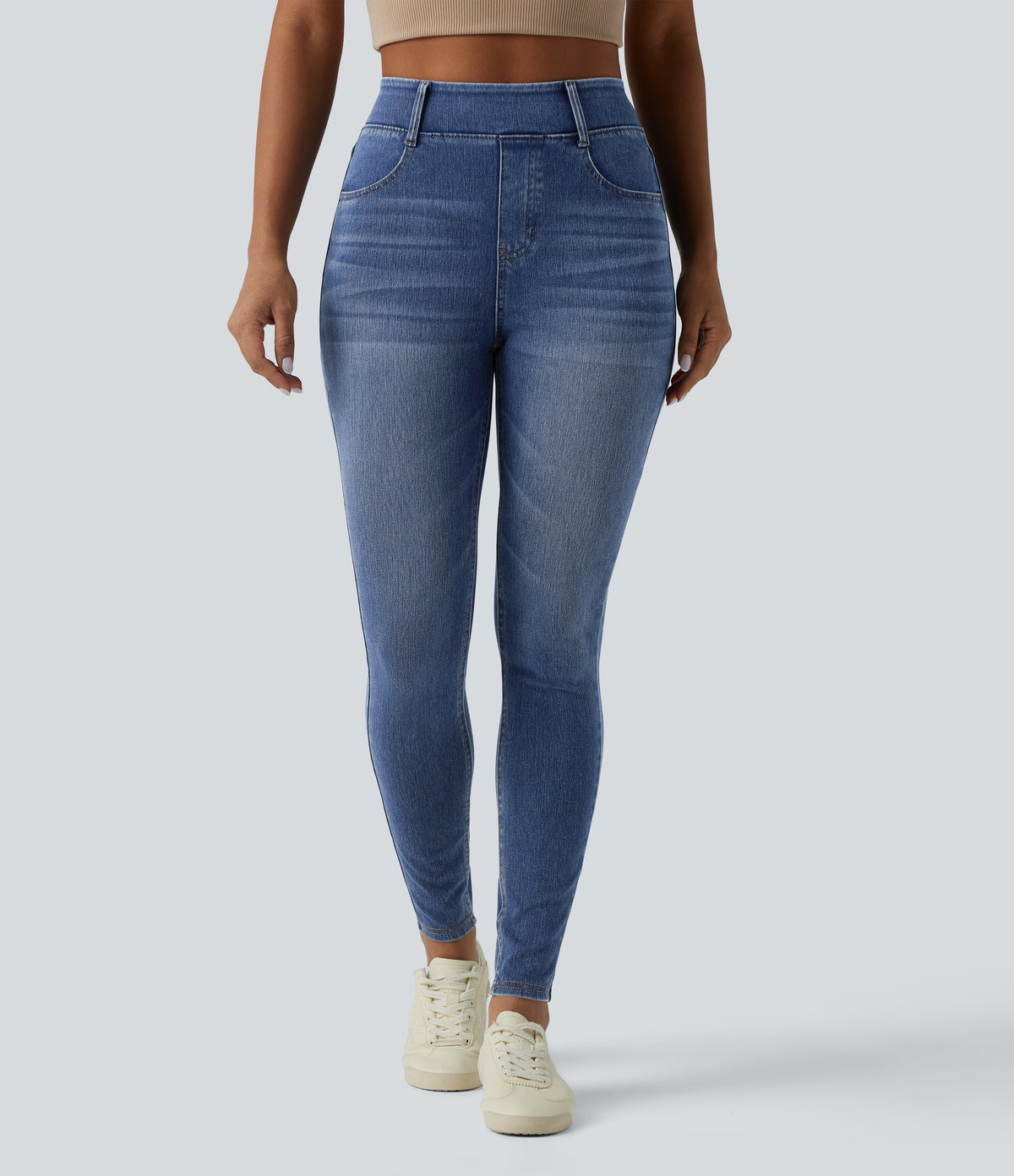 High Waisted Casual Denim Leggings with Pockets — Tide Blue Denim — view 3