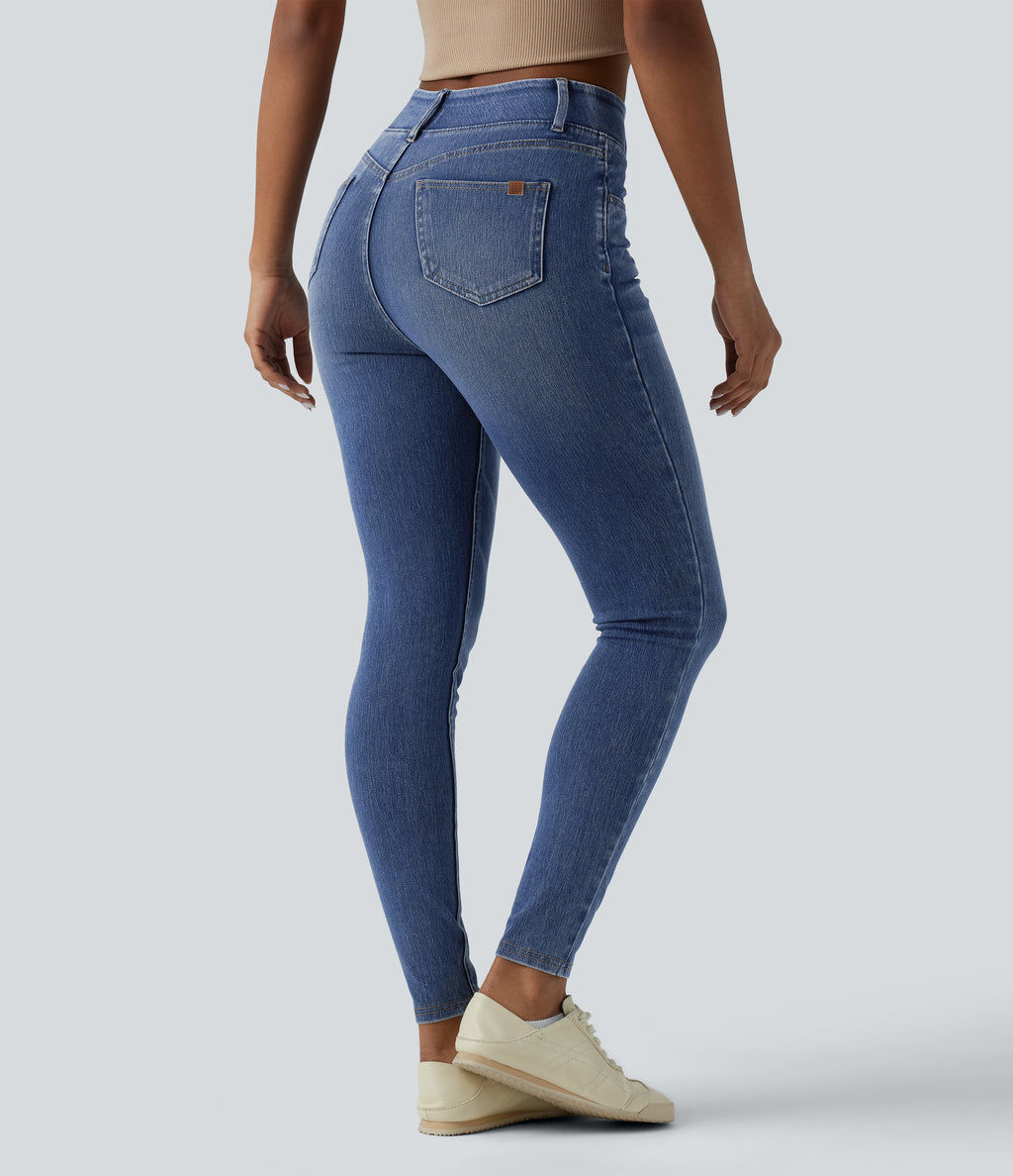 High Waisted Casual Denim Leggings with Pockets — Tide Blue Denim — view 2