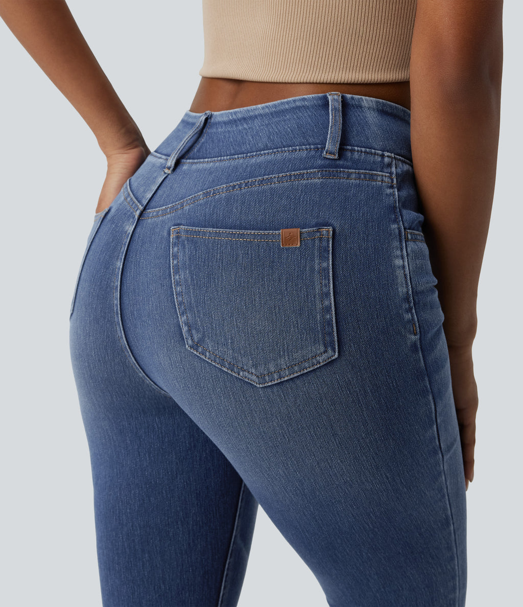 High Waisted Casual Denim Leggings with Pockets — Tide Blue Denim — view 5