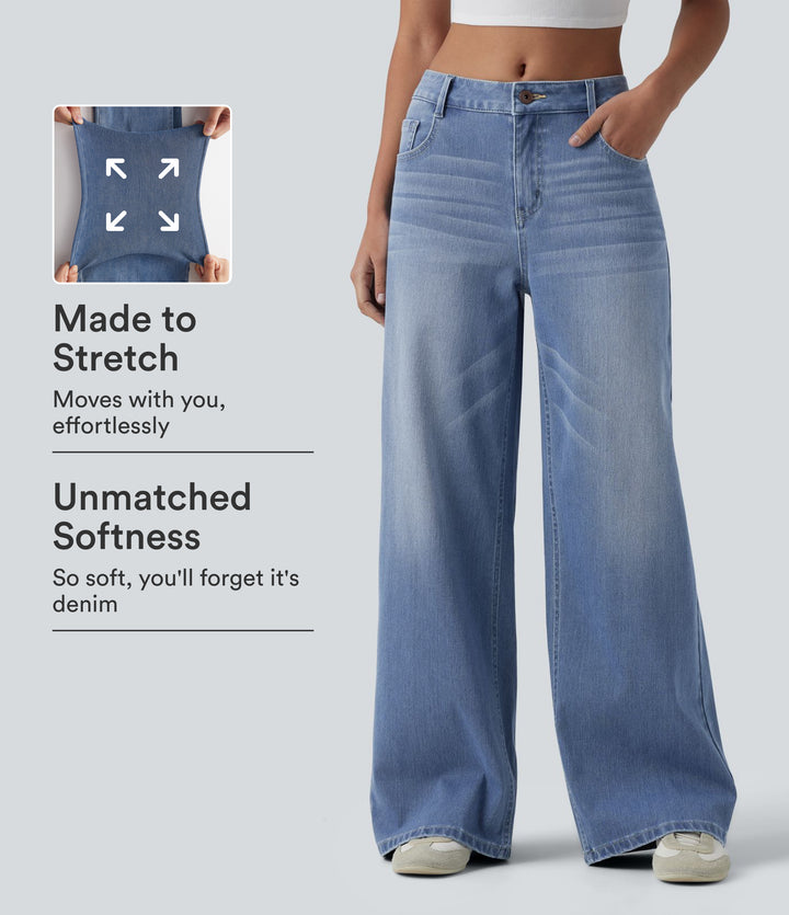 Mid Rise Washed Baggy Wide Leg Casual Jeans with Pockets — Blue Spruce Denim — view 1