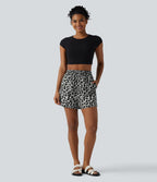 High Waisted Drawstring Leopard Print Casual Shorts with Pockets — Silver Leopard Print — view 5