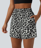 High Waisted Drawstring Leopard Print Casual Shorts with Pockets — Silver Leopard Print — view 4