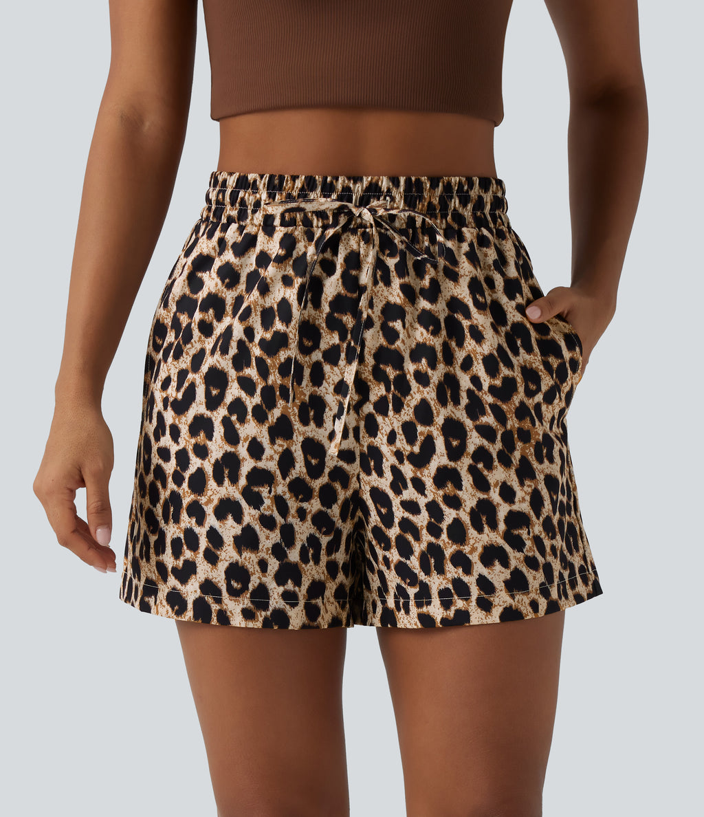 High Waisted Drawstring Leopard Print Casual Shorts with Pockets — Gold Leopard Print — view 6