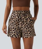 High Waisted Drawstring Leopard Print Casual Shorts with Pockets — Gold Leopard Print — view 6