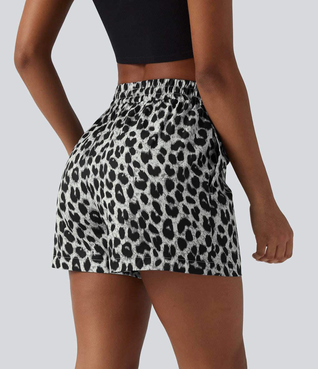 High Waisted Drawstring Leopard Print Casual Shorts with Pockets — Silver Leopard Print — view 2