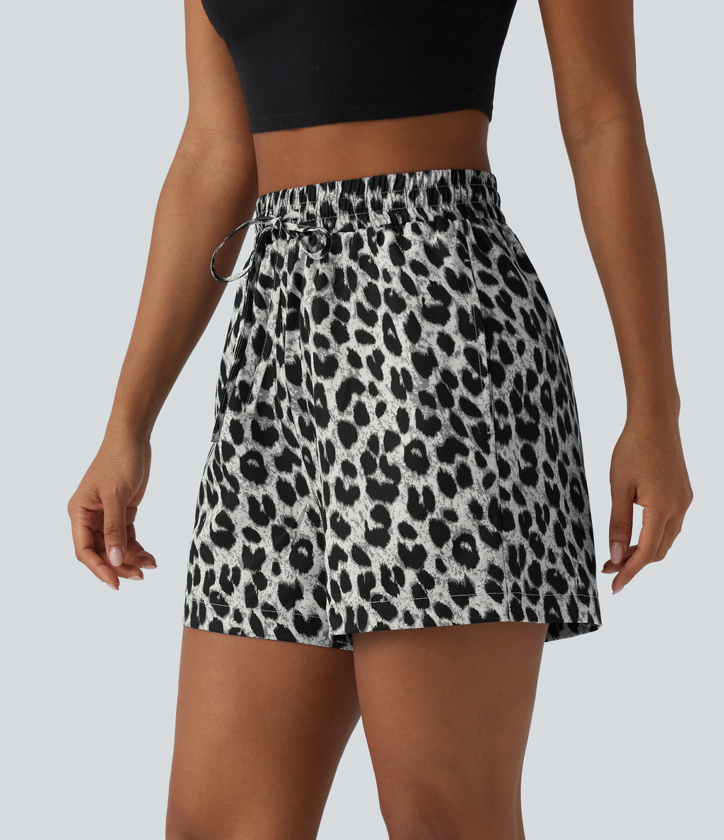 High Waisted Drawstring Leopard Print Casual Shorts with Pockets — Silver Leopard Print — view 3