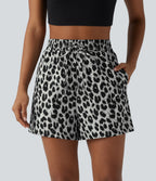 High Waisted Drawstring Leopard Print Casual Shorts with Pockets — Silver Leopard Print — view 1