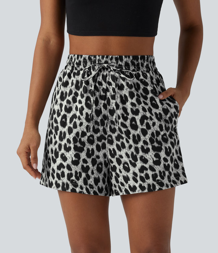 High Waisted Drawstring Leopard Print Casual Shorts with Pockets — Silver Leopard Print — view 1