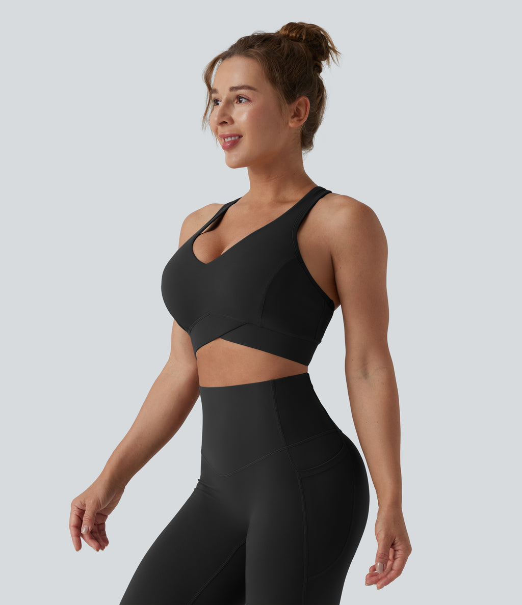 Light Support V Neck Racerback Running Sports Bra DD-F Cups — Black — view 4
