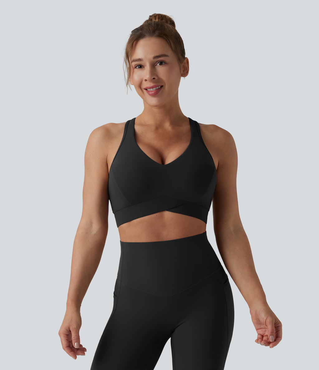 Light Support V Neck Racerback Running Sports Bra DD-F Cups — Black — view 3
