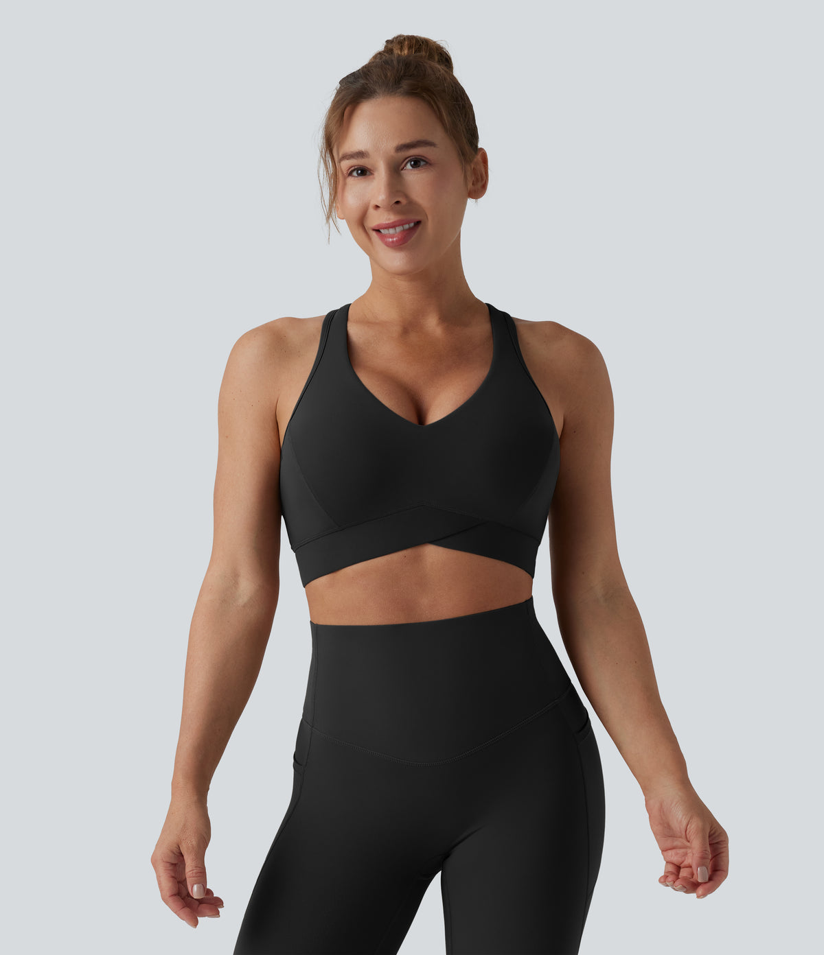 Light Support V Neck Racerback Running Sports Bra DD-F Cups — Black — view 3