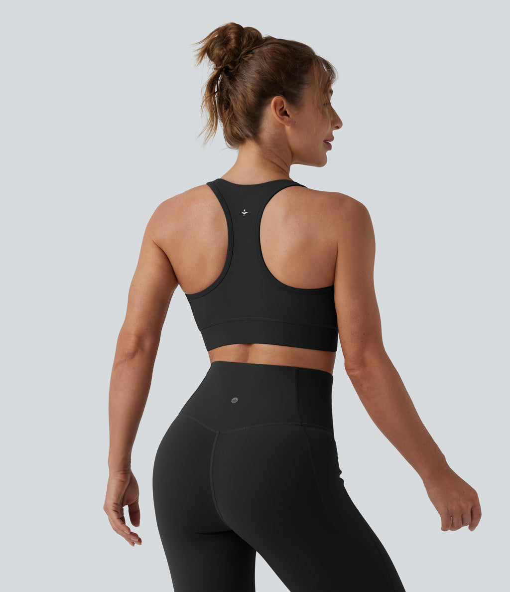 Light Support V Neck Racerback Running Sports Bra DD-F Cups — Black — view 2