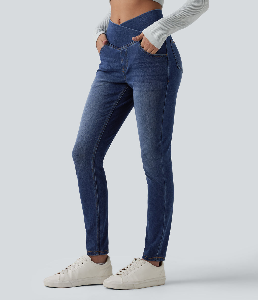 Crossover High Waisted Casual Denim Leggings with Pockets — Estate Blue Denim — view 1