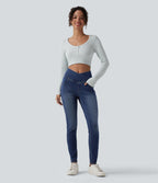 Crossover High Waisted Casual Denim Leggings with Pockets — Estate Blue Denim — view 6