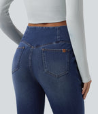 Crossover High Waisted Casual Denim Leggings with Pockets — Estate Blue Denim — view 5