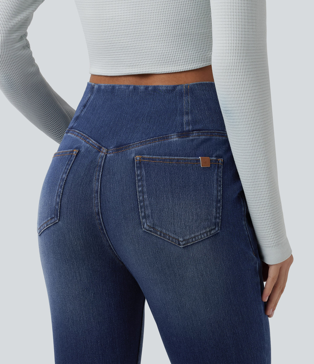 Crossover High Waisted Casual Denim Leggings with Pockets — Estate Blue Denim — view 5