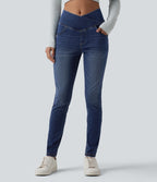 Crossover High Waisted Casual Denim Leggings with Pockets — Estate Blue Denim — view 3