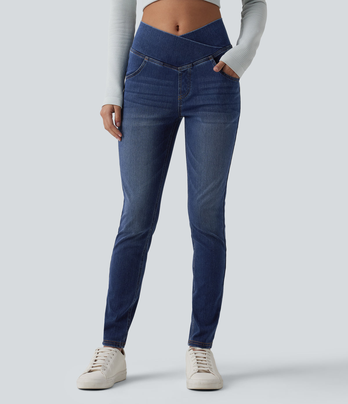 Crossover High Waisted Casual Denim Leggings with Pockets — Estate Blue Denim — view 3
