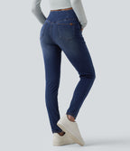 Crossover High Waisted Casual Denim Leggings with Pockets — Estate Blue Denim — view 2