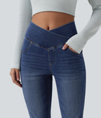 Crossover High Waisted Casual Denim Leggings with Pockets — Estate Blue Denim — view 4