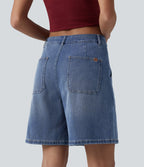 Mid Rise Washed Denim Casual Baggy Shorts with Pockets — Tide Blue Denim — view 2