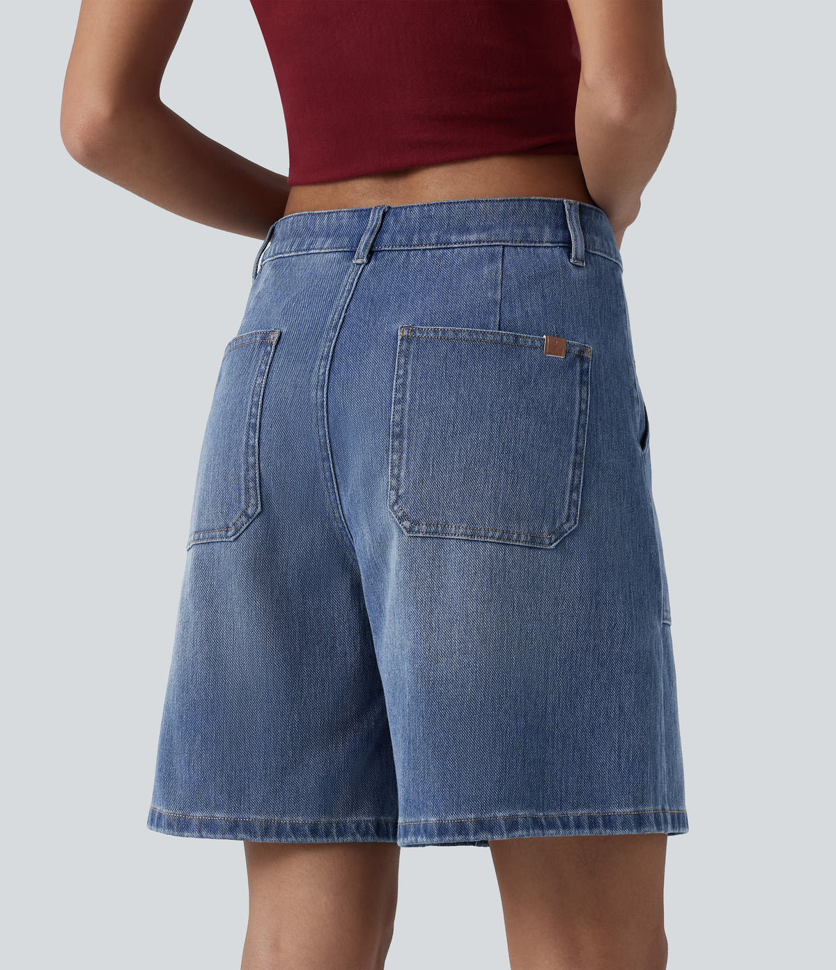 Mid Rise Washed Denim Casual Baggy Shorts with Pockets — Tide Blue Denim — view 2