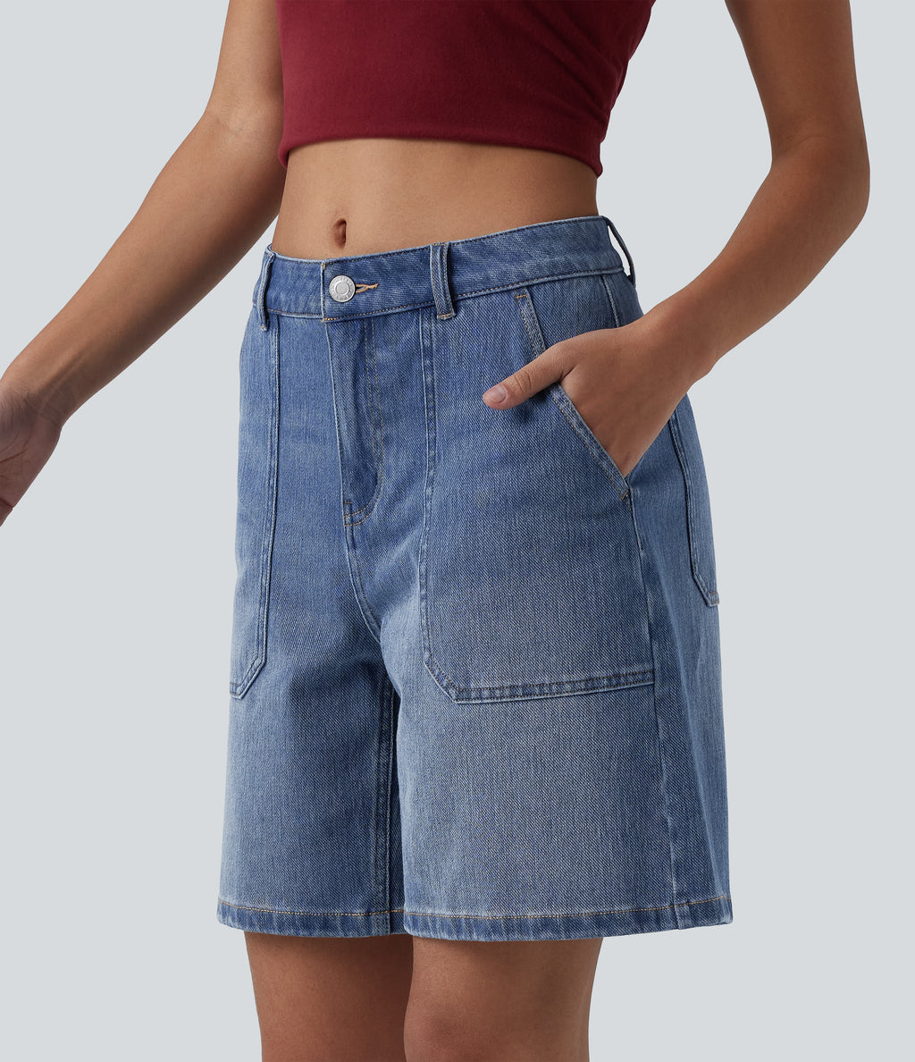 Mid Rise Washed Denim Casual Baggy Shorts with Pockets — Tide Blue Denim — view 4