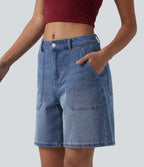 Mid Rise Washed Denim Casual Baggy Shorts with Pockets — Tide Blue Denim — view 4