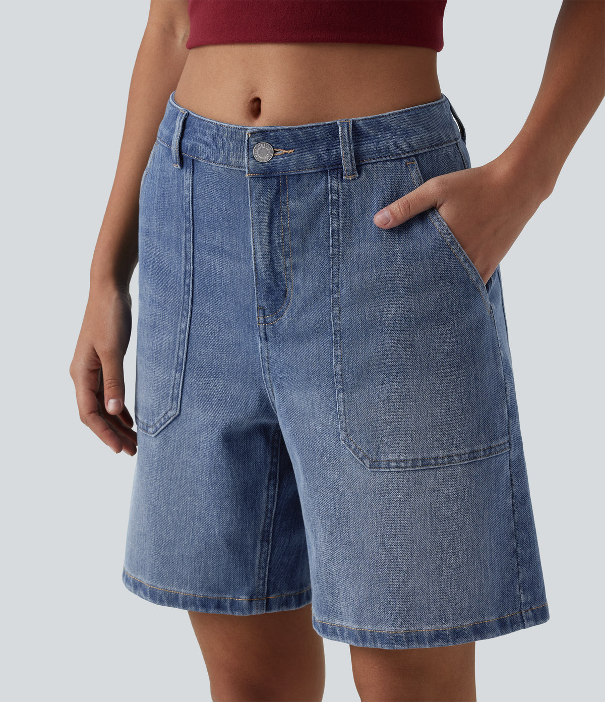 Mid Rise Washed Denim Casual Baggy Shorts with Pockets — Tide Blue Denim — view 3