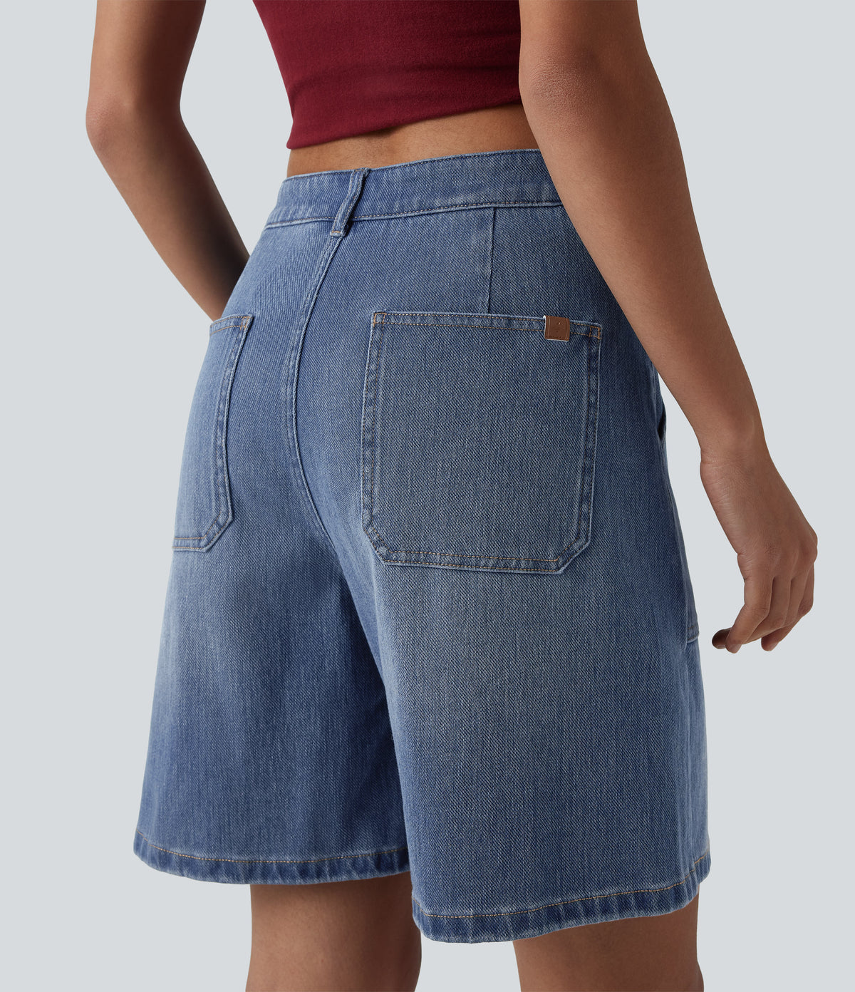 Mid Rise Washed Denim Casual Baggy Shorts with Pockets — Tide Blue Denim — view 5