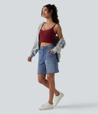 Mid Rise Washed Denim Casual Baggy Shorts with Pockets — Tide Blue Denim — view 6