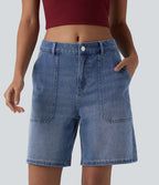 Mid Rise Washed Denim Casual Baggy Shorts with Pockets — Tide Blue Denim — view 1