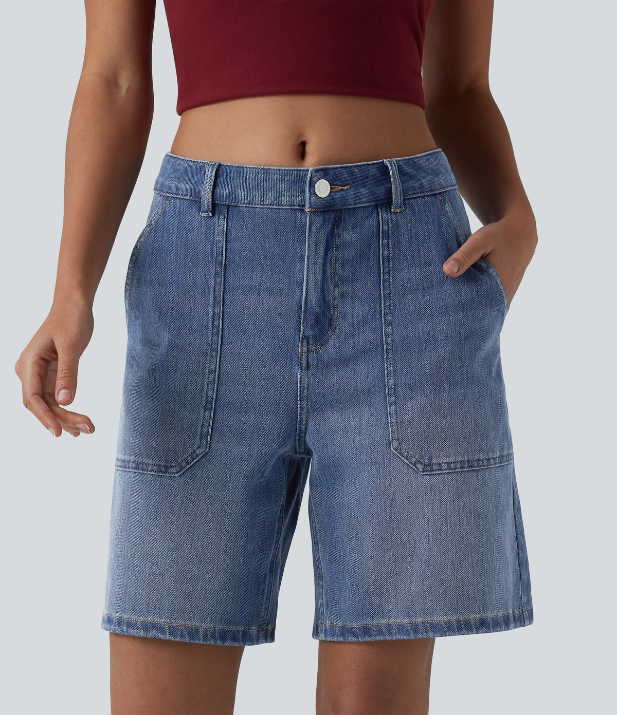 Mid Rise Washed Denim Casual Baggy Shorts with Pockets — Tide Blue Denim — view 1