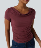 Cowl Neck Short Sleeve Ruched Casual Top — New Maroon — view 6