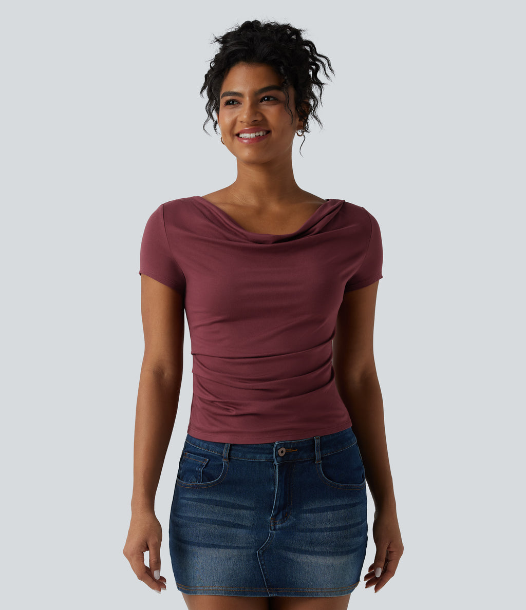 Cowl Neck Short Sleeve Ruched Casual Top — New Maroon — view 2
